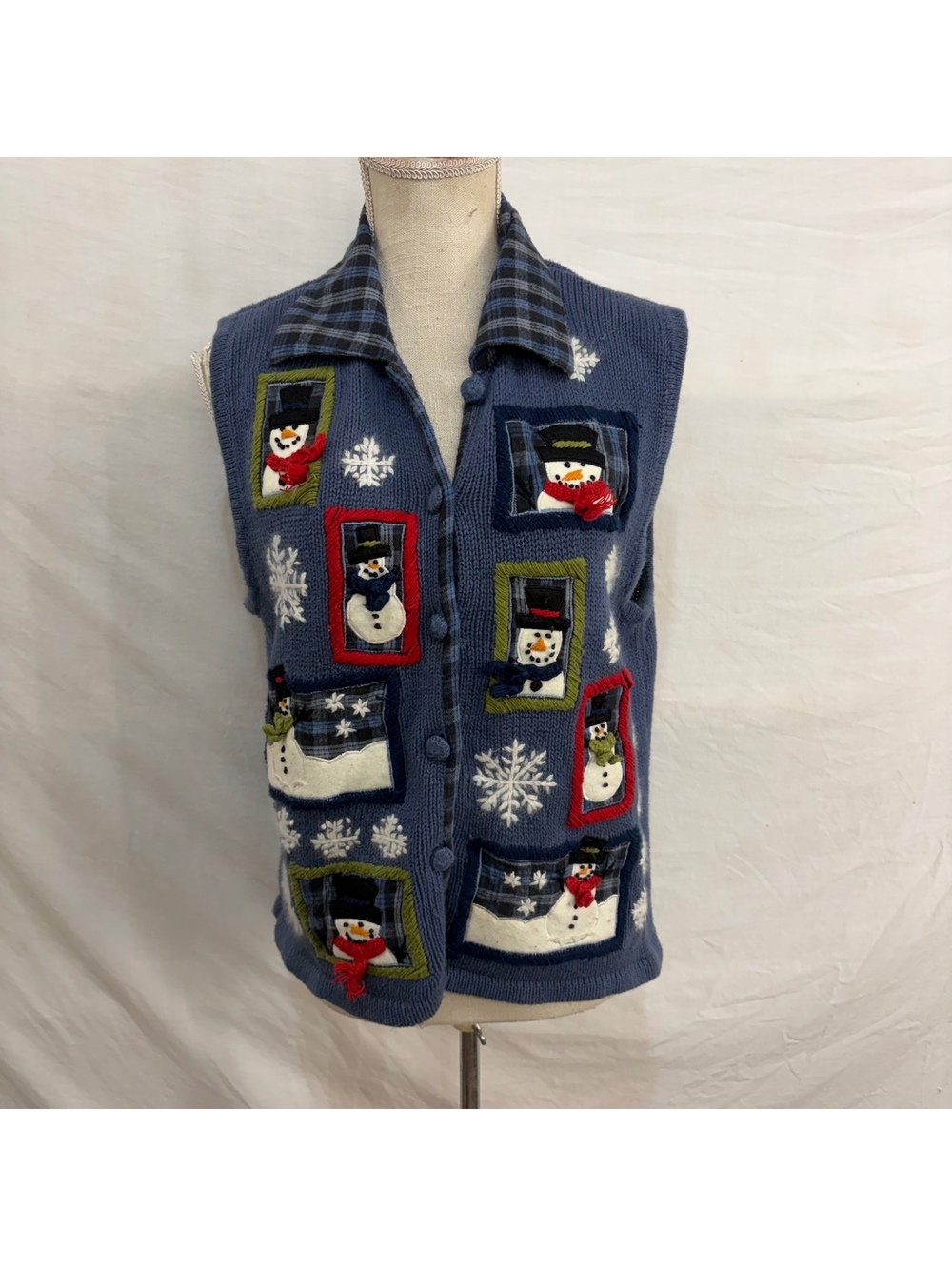 Snowman knit embroidered plaid detail vest sz large vintage 90s